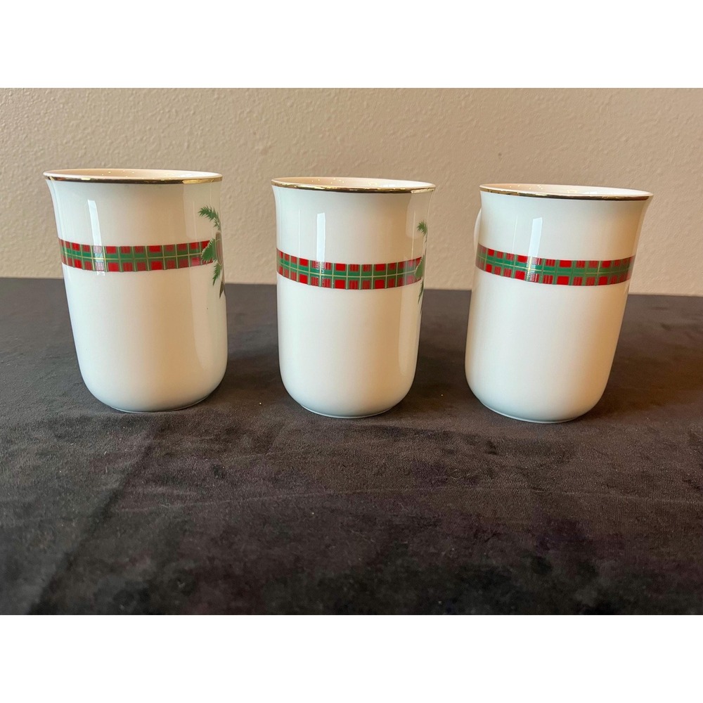 Georges Briard The Hunt Christmas Mugs Set 3 Plaid Bow Gold Trim Japan 8 oz - Picture 5 of 10